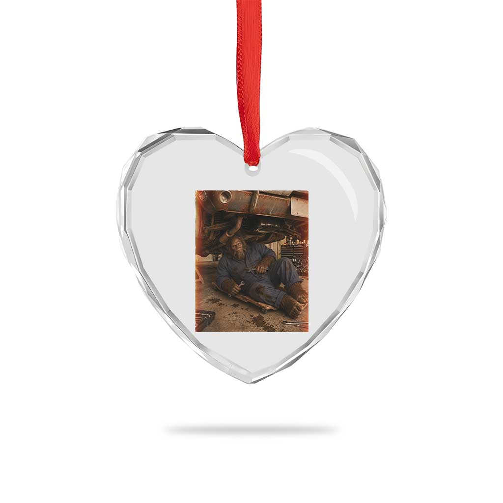 Bigfoot Mechanic Meme Heart Crystal Glass Ornament Funny Sasquatch Fixing Cars
