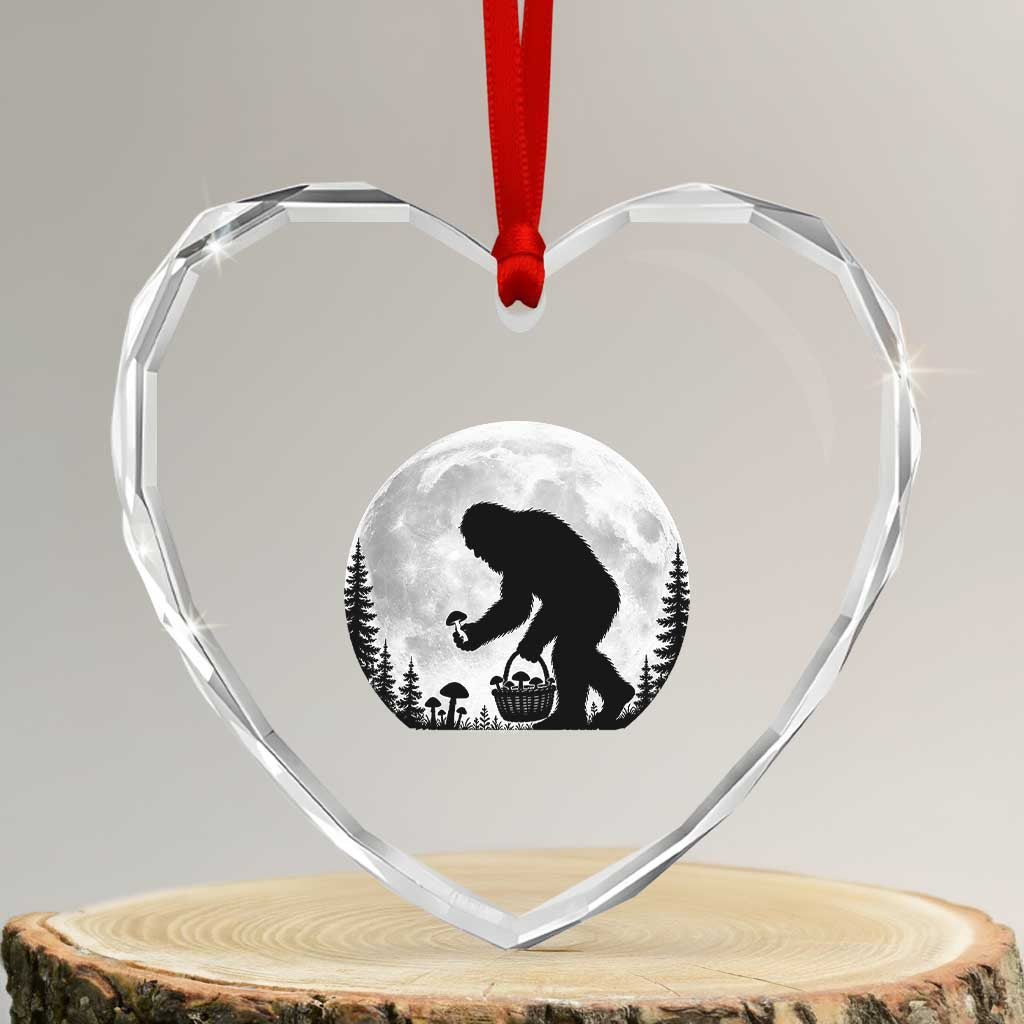 Bigfoot Mushroom Hunter Heart Crystal Glass Ornament Vintage Sasquatch Art Mystical Nature Lover Retro Full Moon