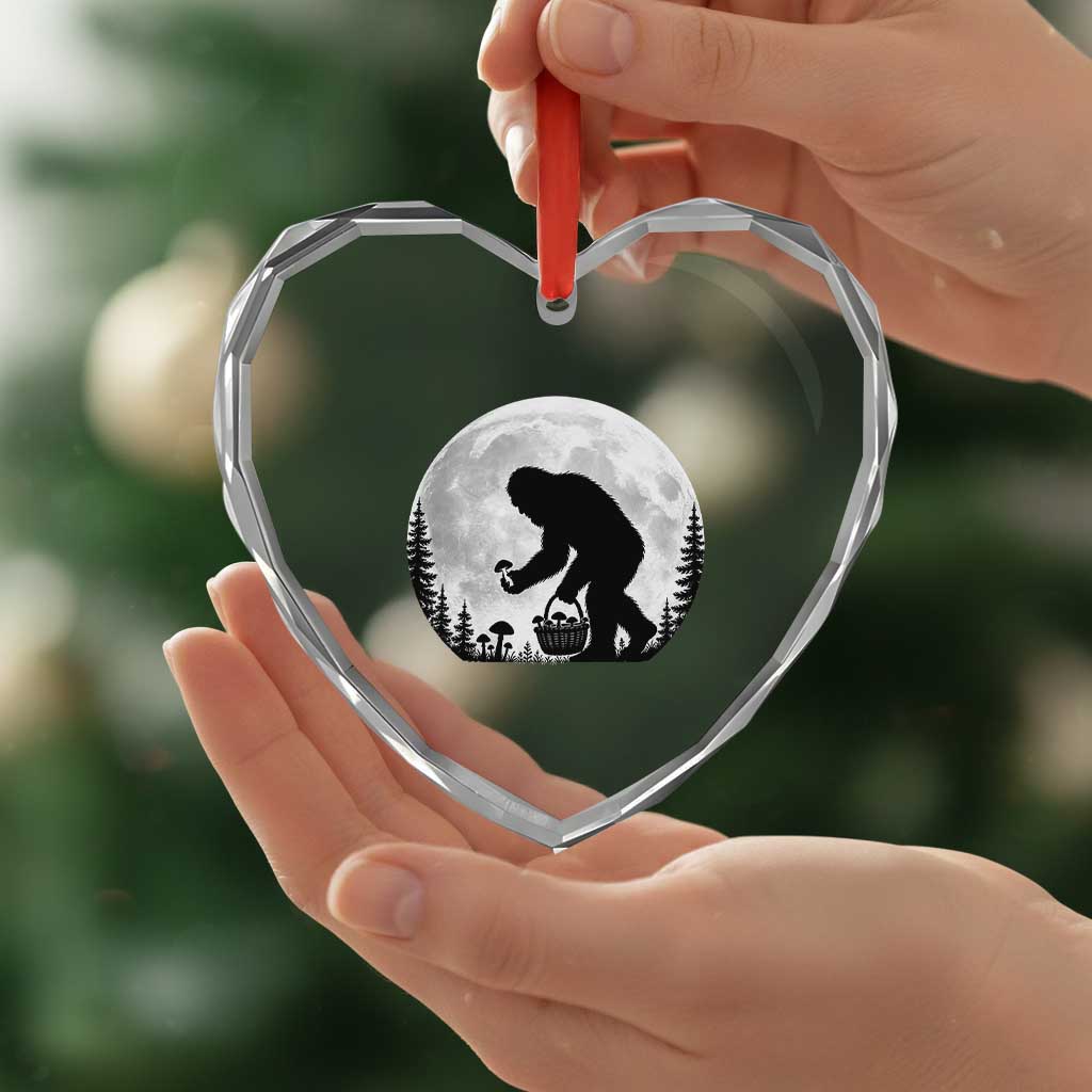 Bigfoot Mushroom Hunter Heart Crystal Glass Ornament Vintage Sasquatch Art Mystical Nature Lover Retro Full Moon