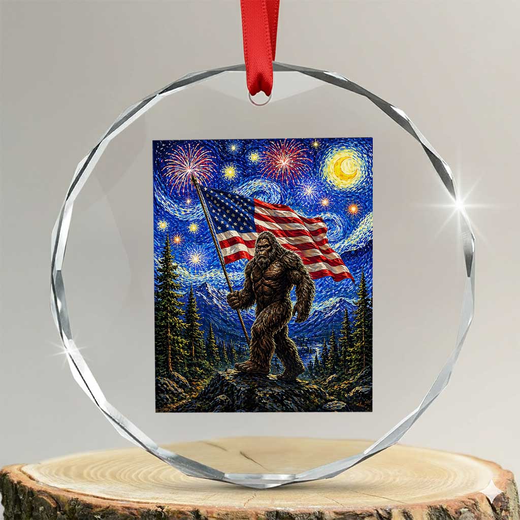 Bigfoot Patriotic 250 Years of Freedom Crystal Glass Ornament American USA Flag Stary Night