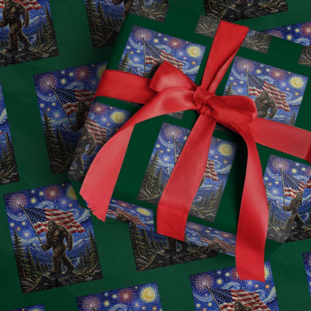 Bigfoot Patriotic 250 Years of Freedom Wrapping Paper Roll American USA Flag Stary Night