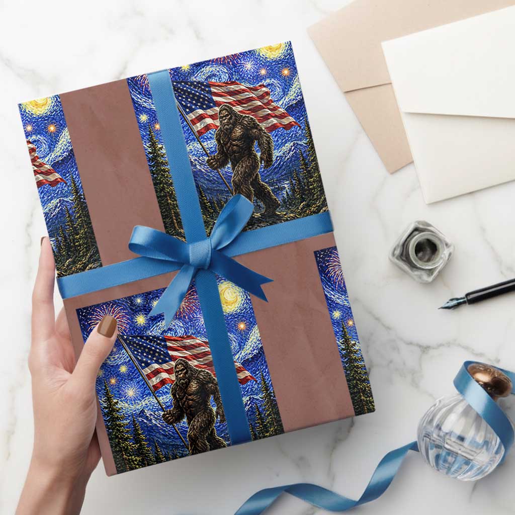 Bigfoot Patriotic 250 Years of Freedom Wrapping Paper Roll American USA Flag Stary Night