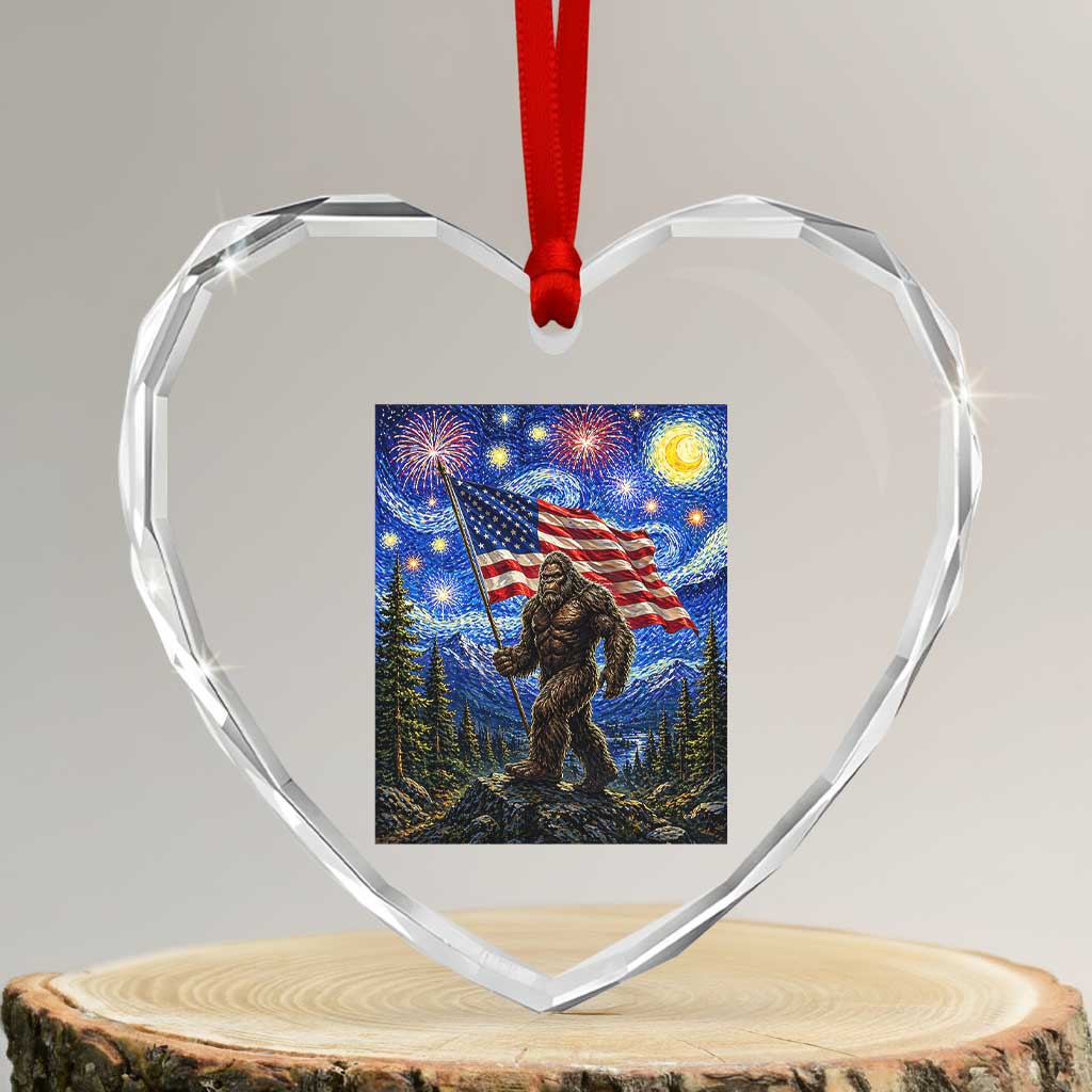 Bigfoot Patriotic 250 Years of Freedom Heart Crystal Glass Ornament American USA Flag Stary Night