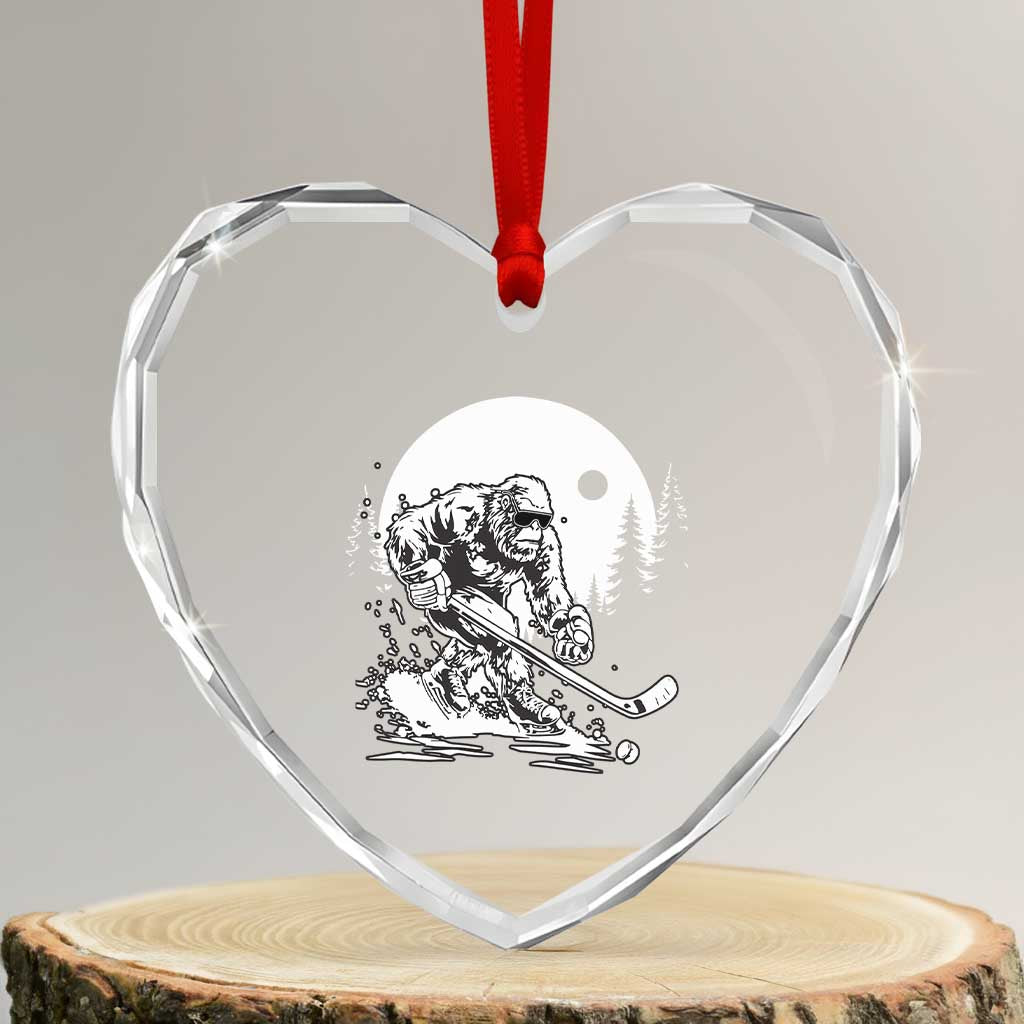 Bigfoot Playing Ice Hockey Heart Crystal Glass Ornament Funny Cryptid Sports Gift - Wonder Print Shop