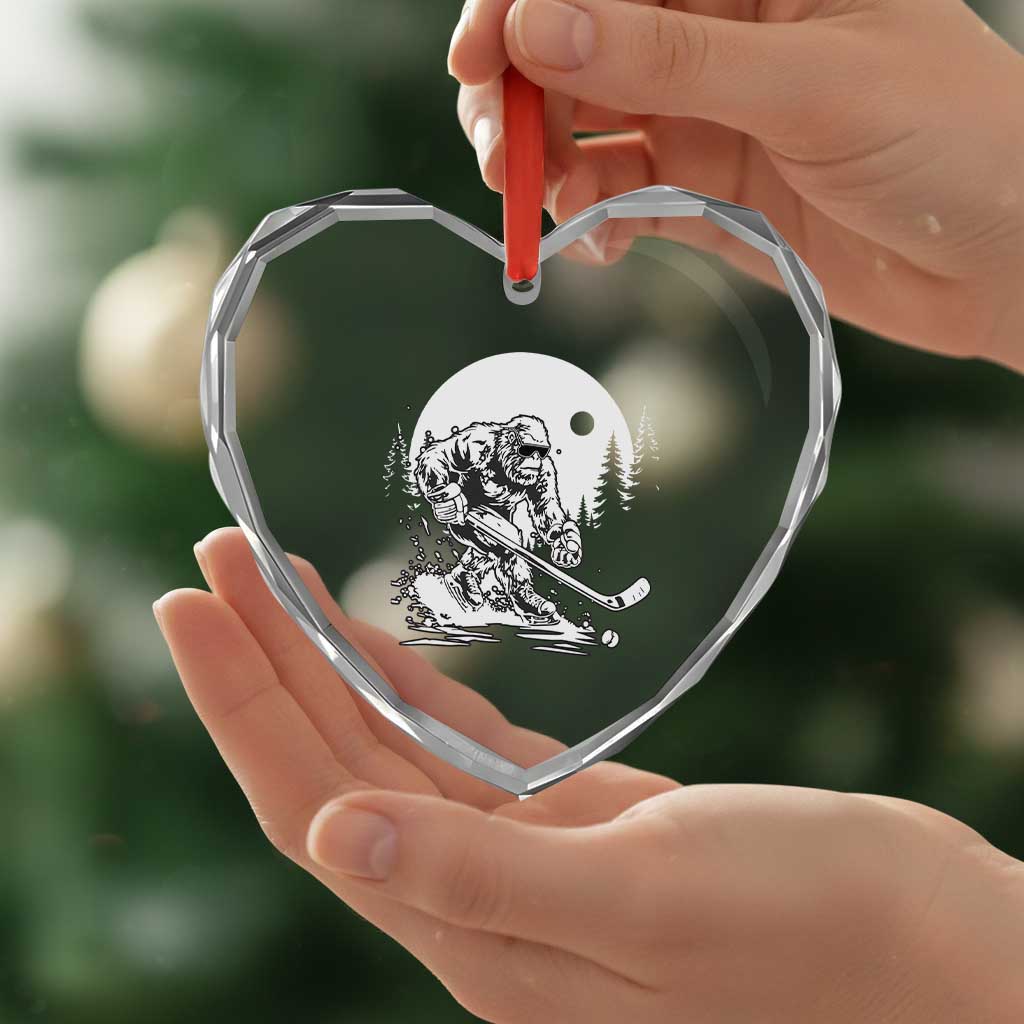Bigfoot Playing Ice Hockey Heart Crystal Glass Ornament Funny Cryptid Sports Gift - Wonder Print Shop