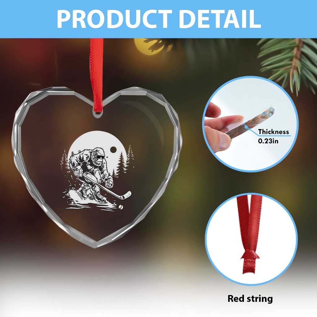Bigfoot Playing Ice Hockey Heart Crystal Glass Ornament Funny Cryptid Sports Gift - Wonder Print Shop
