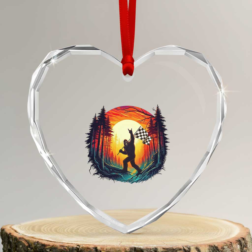 Bigfoot Racing Heart Crystal Glass Ornament Sasquatch Checkered Flag - Wonder Print Shop