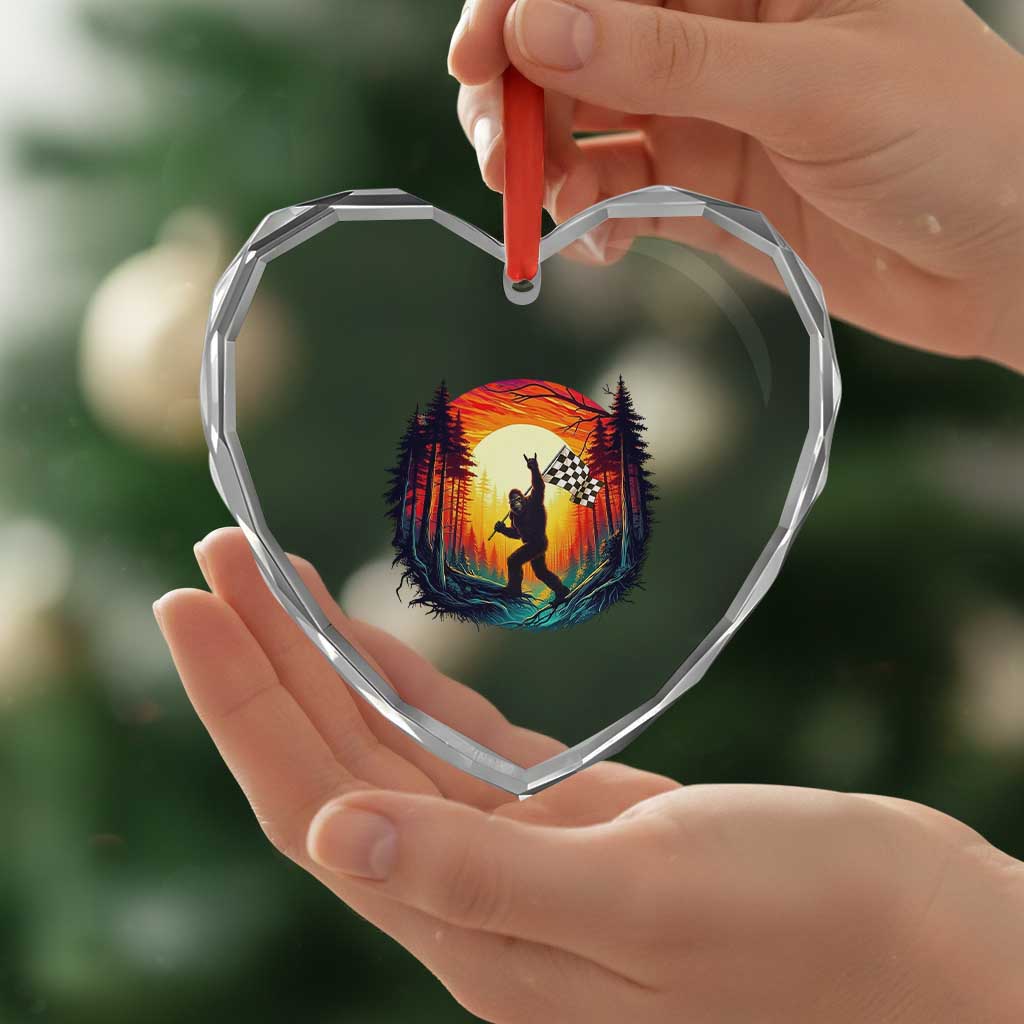 Bigfoot Racing Heart Crystal Glass Ornament Sasquatch Checkered Flag - Wonder Print Shop