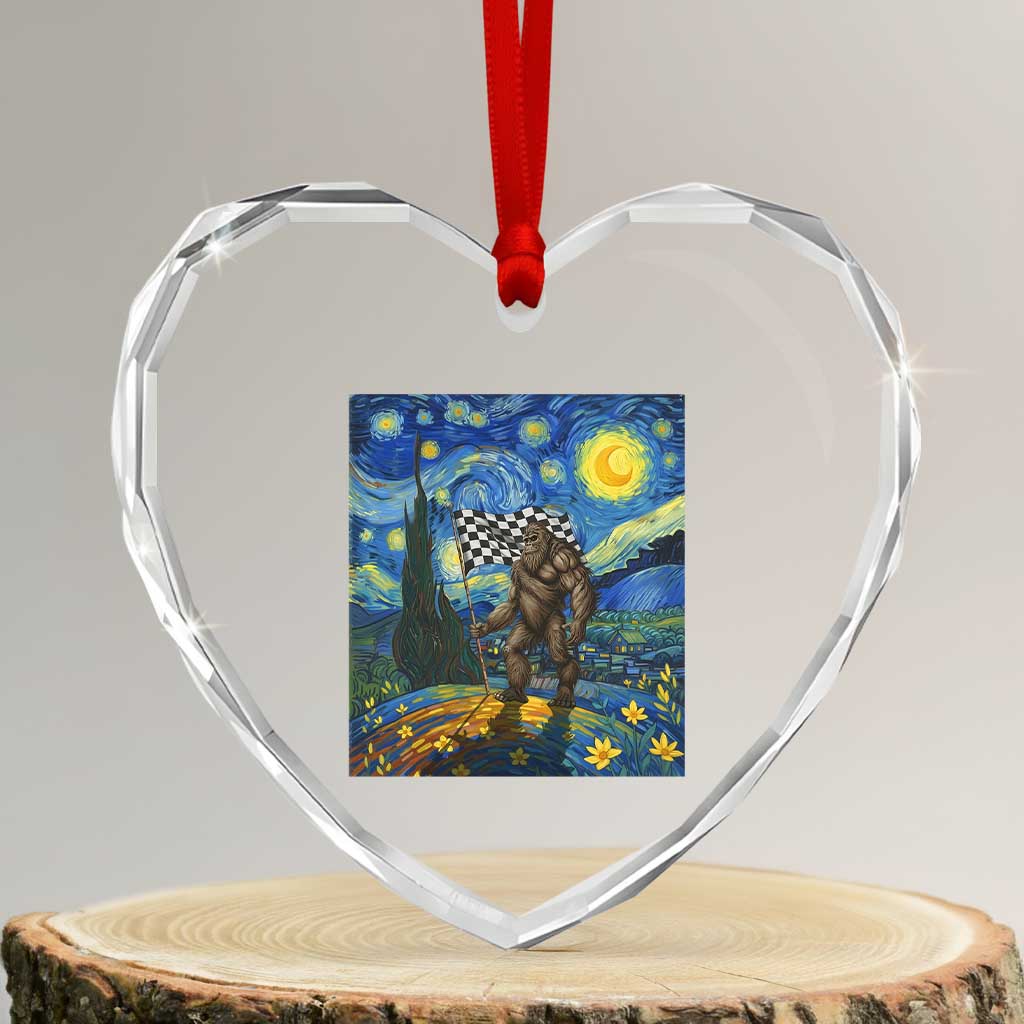 Bigfoot Racing Heart Crystal Glass Ornament Sasquatch Checkered Flag Starry Night Van Gogh - Wonder Print Shop