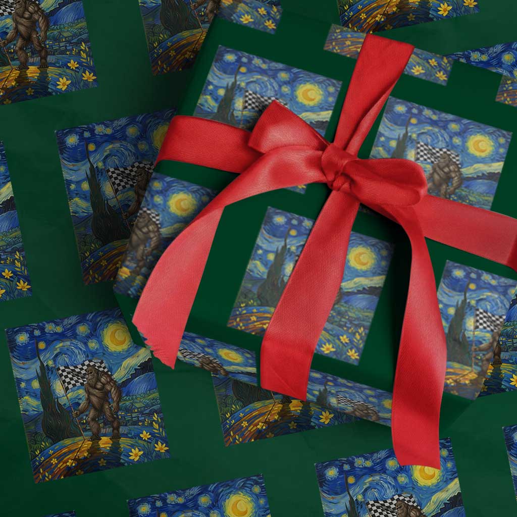 Bigfoot Racing Wrapping Paper Roll Sasquatch Checkered Flag Starry Night Van Gogh - Wonder Print Shop