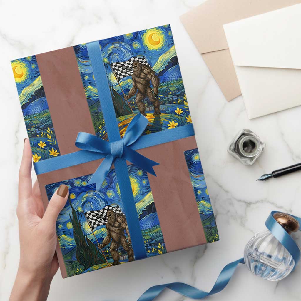 Bigfoot Racing Wrapping Paper Roll Sasquatch Checkered Flag Starry Night Van Gogh - Wonder Print Shop
