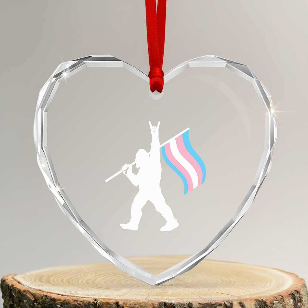 Bigfoot Rock On Trans Pride Flag Heart Crystal Glass Ornament Sasquatch LGBTQ Ally