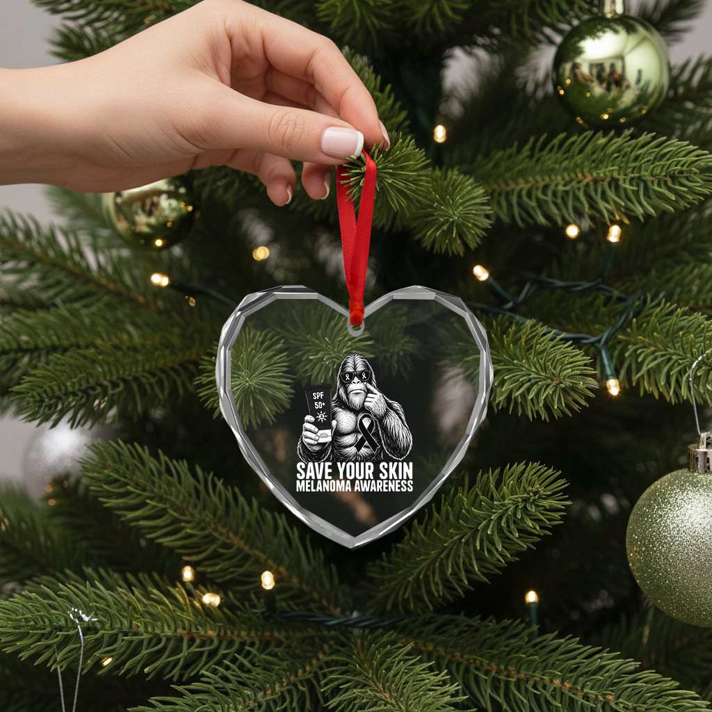 Bigfoot Save Your Skin Heart Crystal Glass Ornament Melanoma Warrior Support