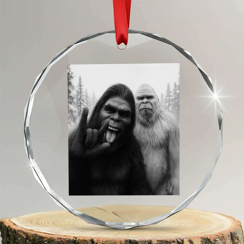 Bigfoot Selfie Christmas Crystal Glass Ornament Sasquatch Yeti Rock On Hand - Wonder Print Shop