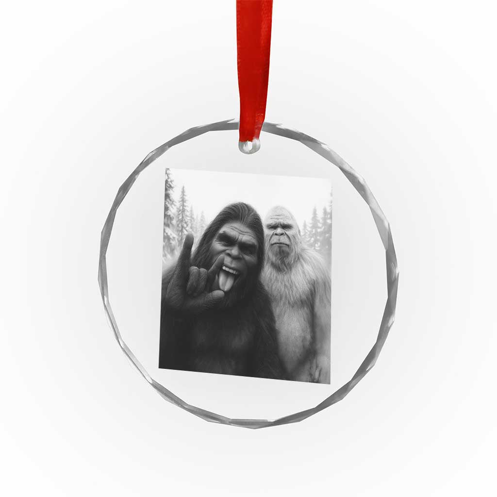 Bigfoot Selfie Christmas Crystal Glass Ornament Sasquatch Yeti Rock On Hand - Wonder Print Shop