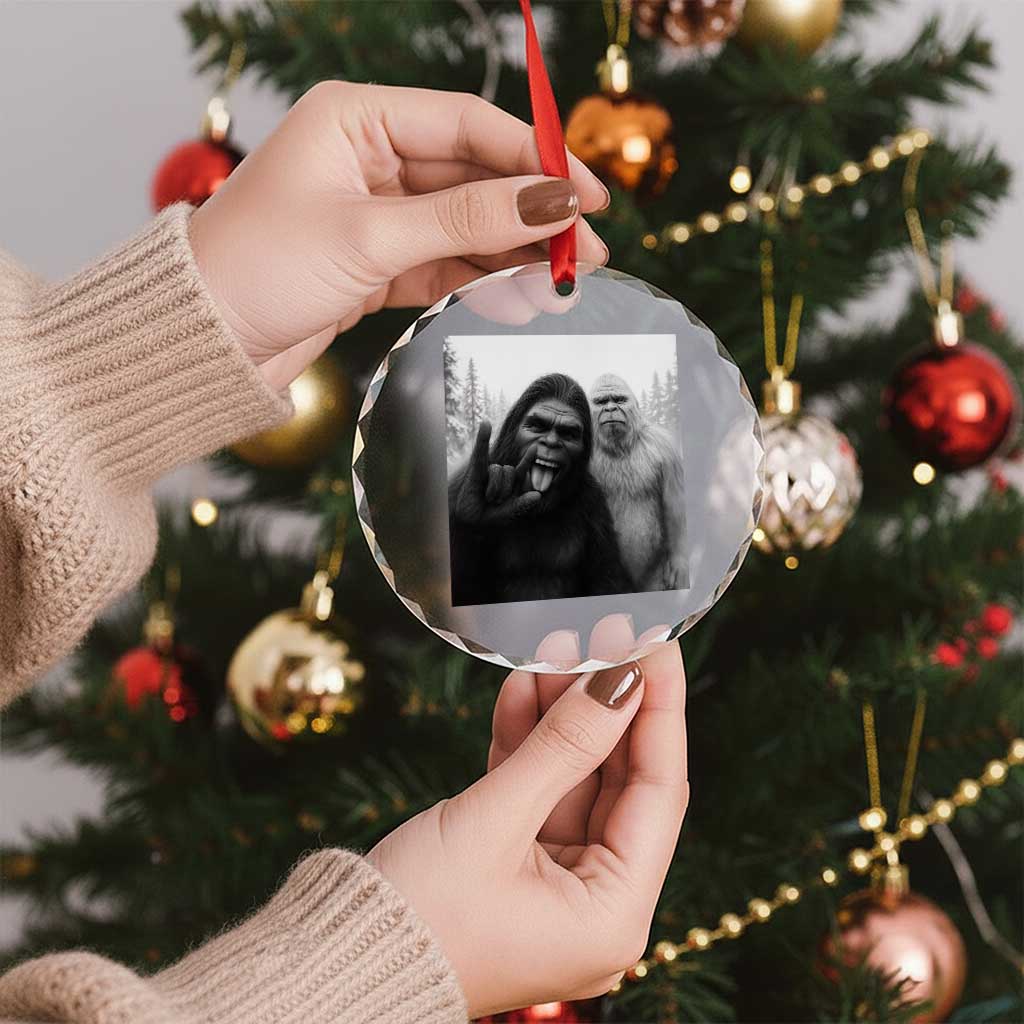 Bigfoot Selfie Christmas Crystal Glass Ornament Sasquatch Yeti Rock On Hand - Wonder Print Shop