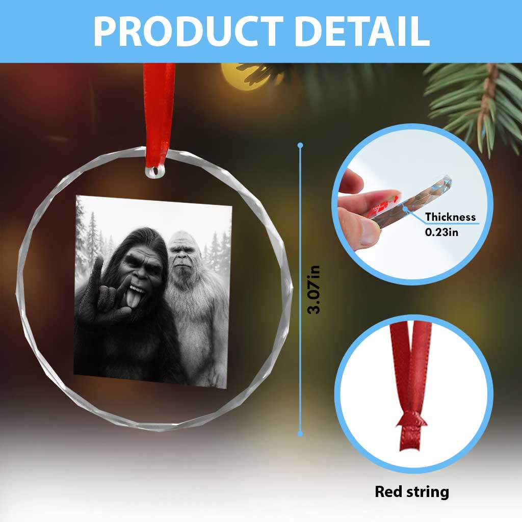Bigfoot Selfie Christmas Crystal Glass Ornament Sasquatch Yeti Rock On Hand - Wonder Print Shop
