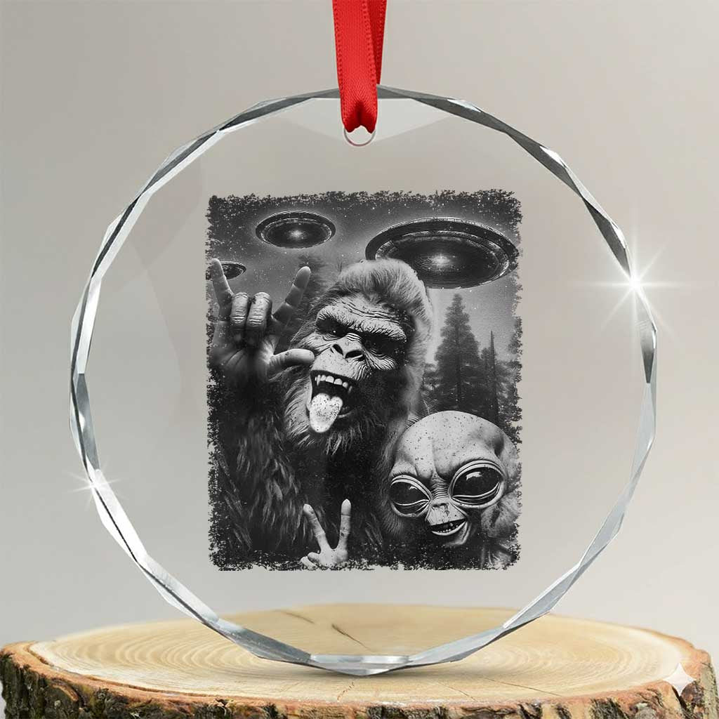 Bigfoot Selfie With Alien Crystal Glass Ornament UFO Funny Sasquatch Rock On Hand Sign - Wonder Print Shop