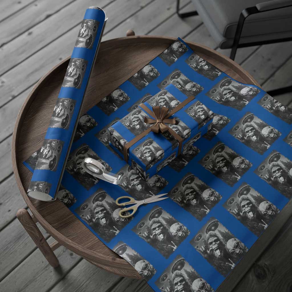 Bigfoot Selfie With Alien Wrapping Paper Roll UFO Funny Sasquatch Rock On Hand Sign - Wonder Print Shop