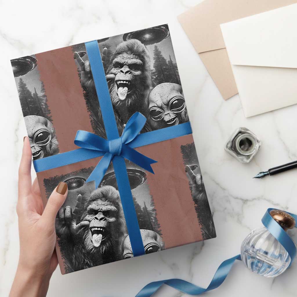 Bigfoot Selfie With Alien Wrapping Paper Roll UFO Funny Sasquatch Rock On Hand Sign - Wonder Print Shop