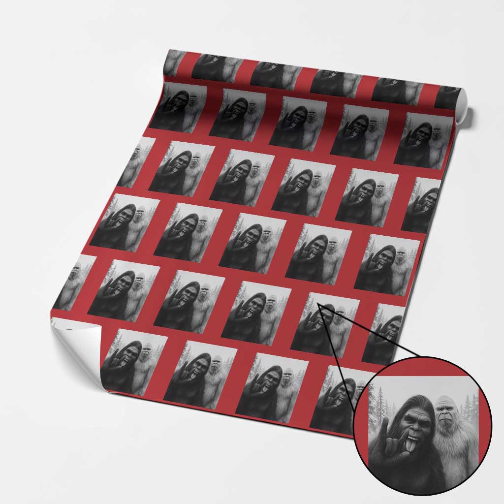 Bigfoot Selfie Xmas Wrapping Paper Roll Sasquatch Yeti Rock On Hand - Wonder Print Shop