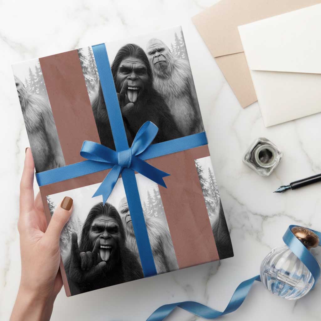Bigfoot Selfie Xmas Wrapping Paper Roll Sasquatch Yeti Rock On Hand - Wonder Print Shop