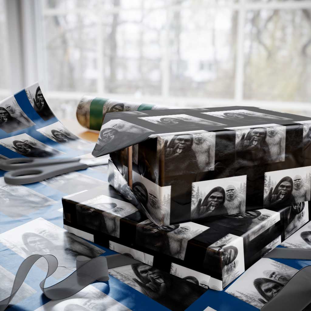 Bigfoot Selfie Xmas Wrapping Paper Roll Sasquatch Yeti Rock On Hand - Wonder Print Shop