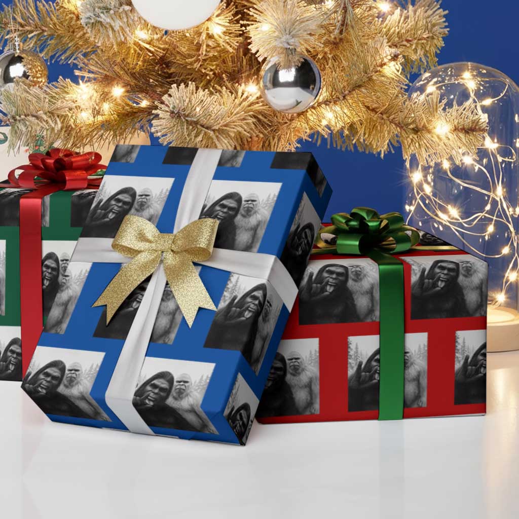 Bigfoot Selfie Xmas Wrapping Paper Roll Sasquatch Yeti Rock On Hand - Wonder Print Shop