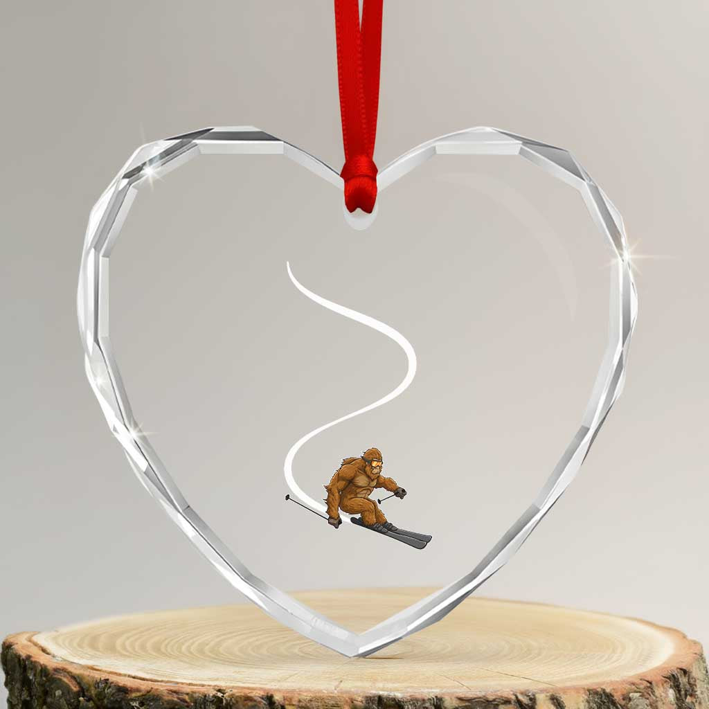 Bigfoot Skiing Heart Crystal Glass Ornament Funny Sasquatch Ski Lover Mountain Skier Winter Sports - Wonder Print Shop