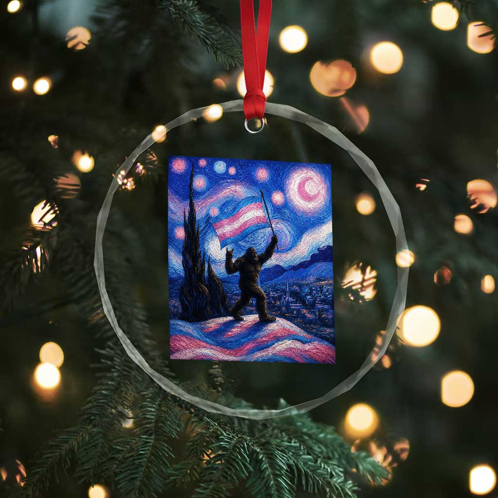 Bigfoot Starry Night Trans Rights Crystal Glass Ornament Sasquatch LGBTQ Pride