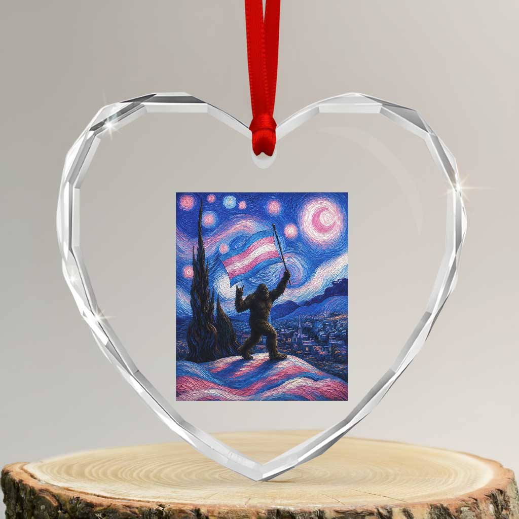 Bigfoot Starry Night Trans Rights Heart Crystal Glass Ornament Sasquatch LGBTQ Pride