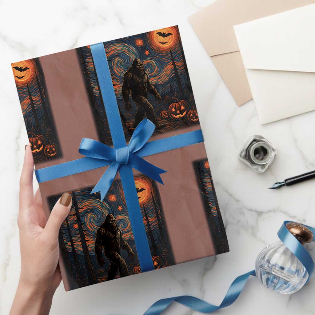Bigfoot Starry Night Wrapping Paper Roll Funny Halloween Van Gogh Sasquatch Lovers - Wonder Print Shop
