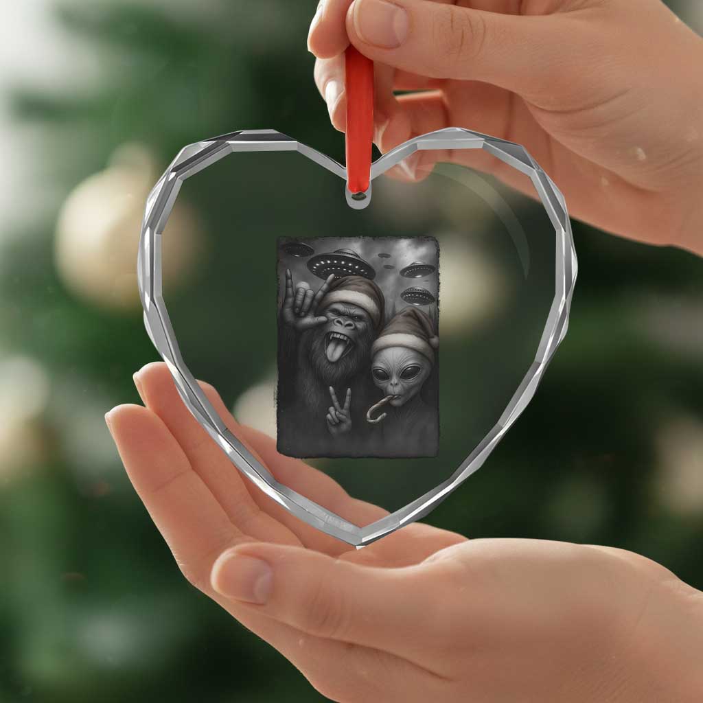 Bigfoot UFO Selife Heart Crystal Glass Ornament Sasquatch Ailen Rock On Hand Christmas - Wonder Print Shop