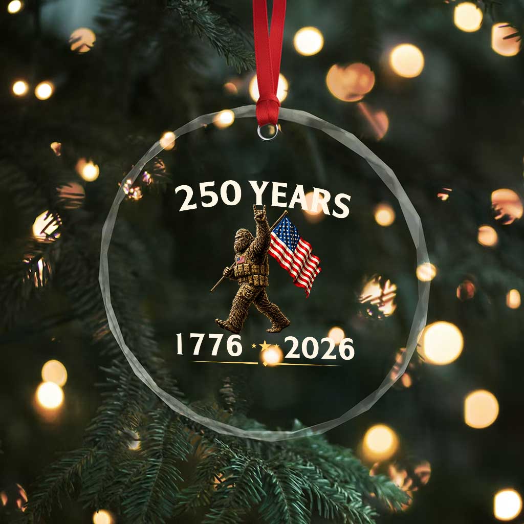 Bigfoot USA 250th Anniversary Crystal Glass Ornament Sasquatch 250 Years Vintage American Flag Patriotic 4th of July