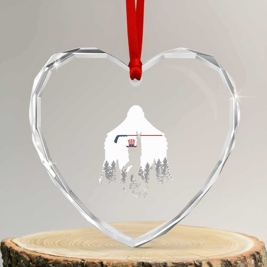 Bigfoot USA Ice Hockey 4th of July Heart Crystal Glass Ornament Funny Sasquatch Patriotic American Flag