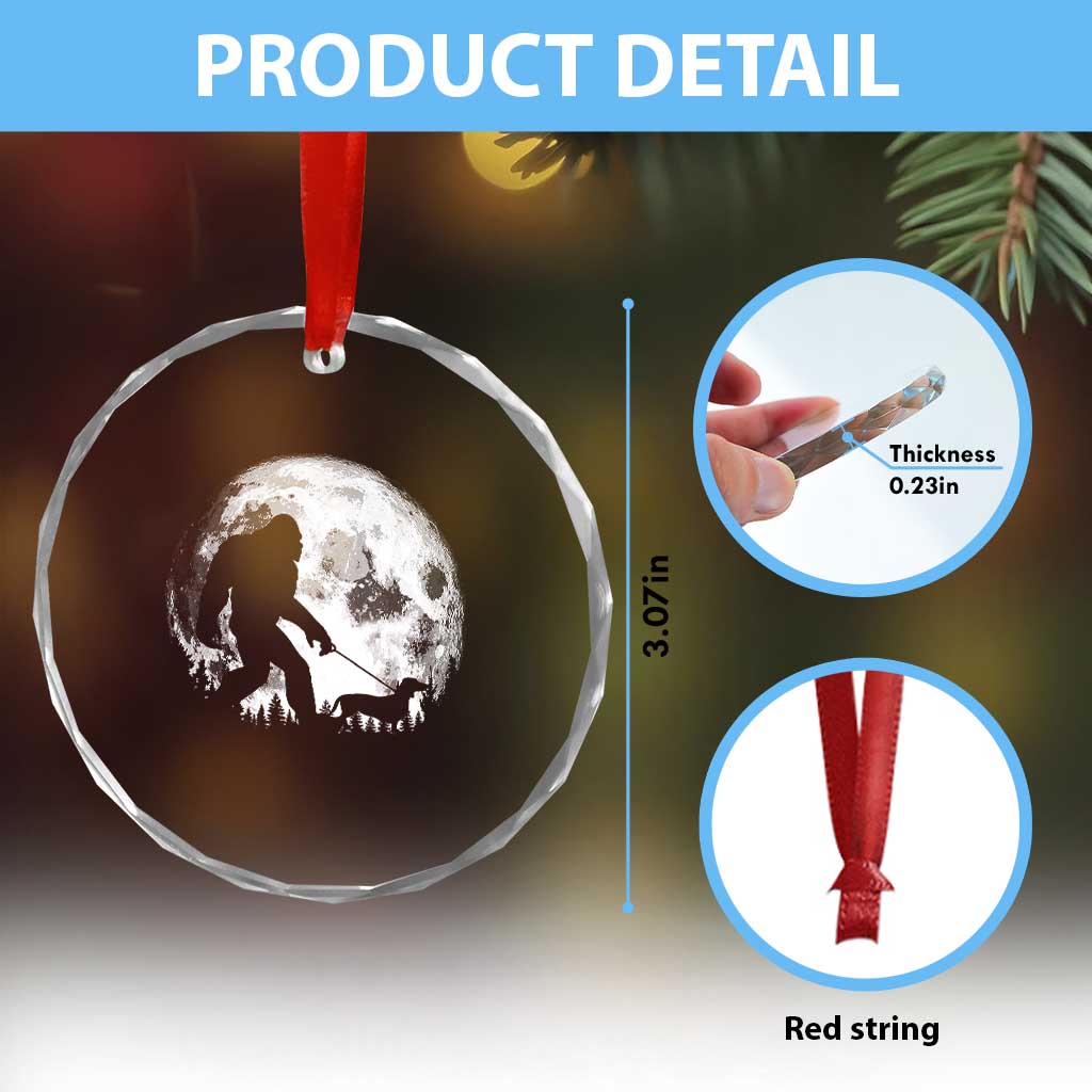 Bigfoot Walking Dachshund Crystal Glass Ornament Funny Doxie Wiener Sasquatch Night Stroll Full Moon - Wonder Print Shop
