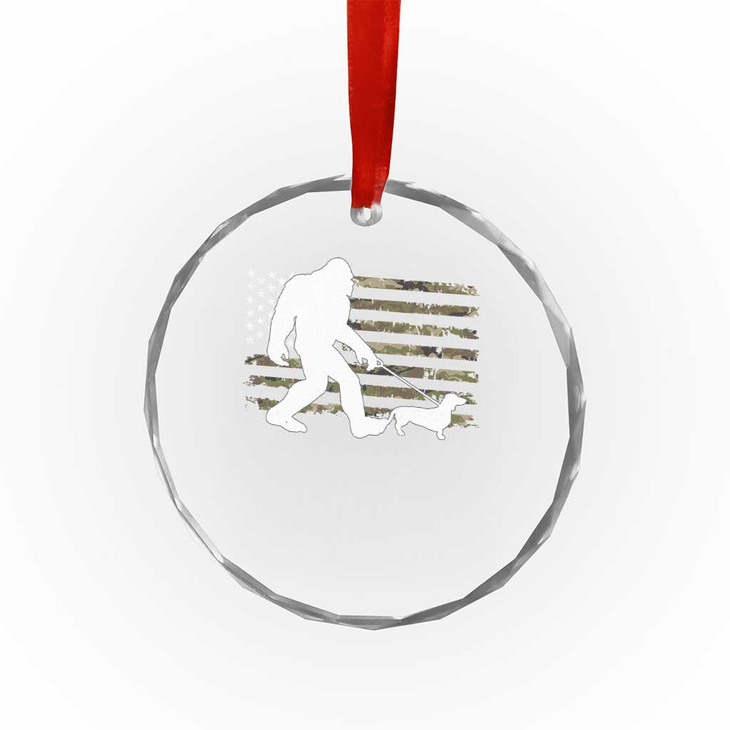 Bigfoot Walking Dachshund Crystal Glass Ornament Sasquatch Camo American Flag USA Military Patriotic - Wonder Print Shop