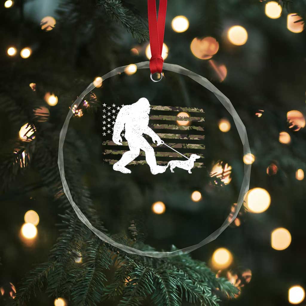 Bigfoot Walking Dachshund Crystal Glass Ornament Sasquatch Camo American Flag USA Military Patriotic - Wonder Print Shop