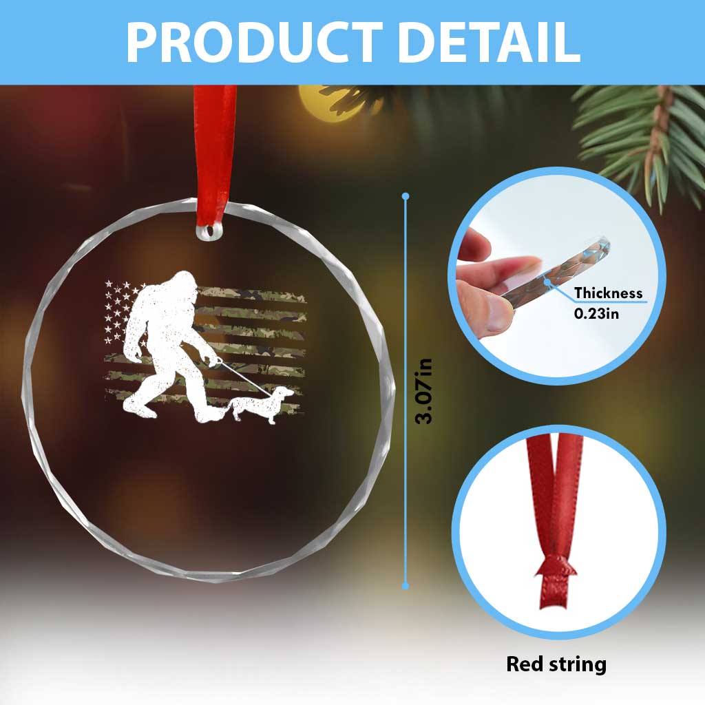 Bigfoot Walking Dachshund Crystal Glass Ornament Sasquatch Camo American Flag USA Military Patriotic - Wonder Print Shop
