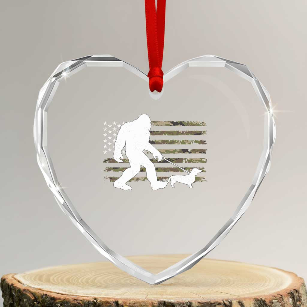 Bigfoot Walking Dachshund Heart Crystal Glass Ornament Sasquatch Camo American Flag USA Military Patriotic - Wonder Print Shop