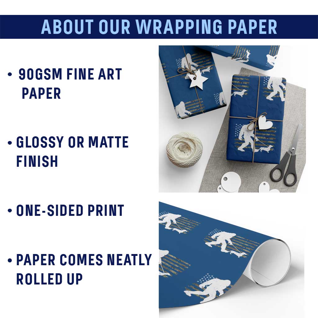 Bigfoot Walking Dachshund Wrapping Paper Roll Sasquatch Camo American Flag USA Military Patriotic - Wonder Print Shop