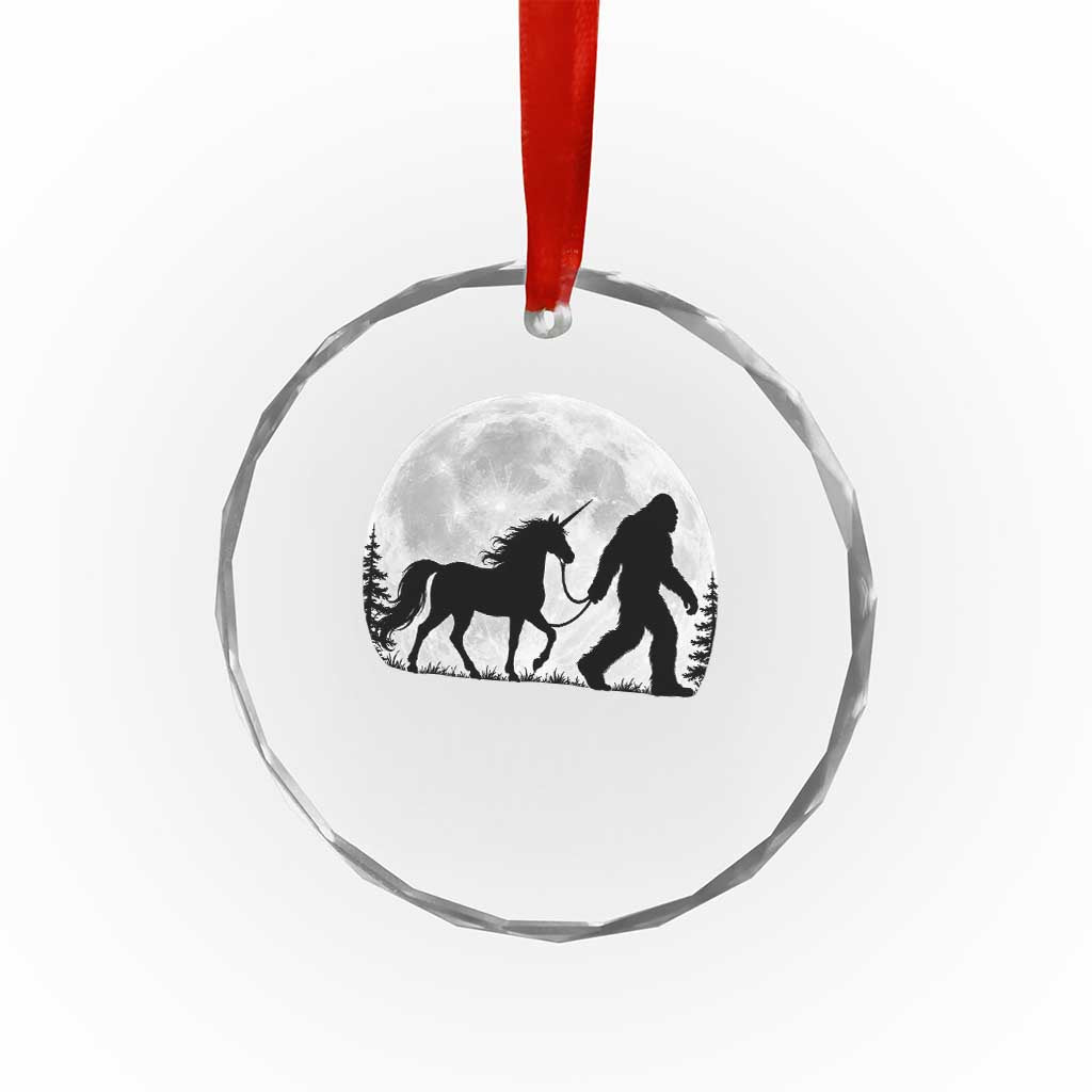 Bigfoot Walking Unicorn Crystal Glass Ornament Full Moon Sasquatch Fantasy Forest Silhouette