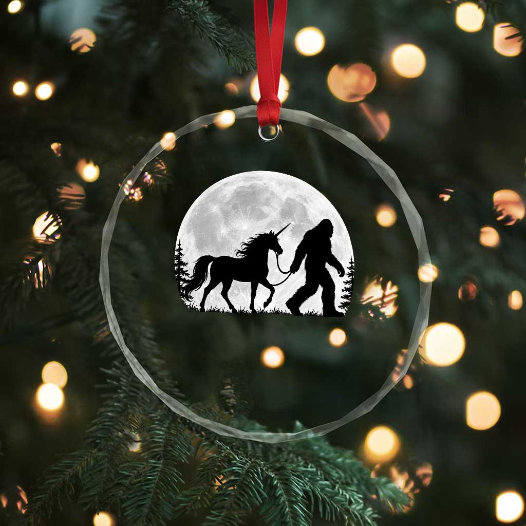 Bigfoot Walking Unicorn Crystal Glass Ornament Full Moon Sasquatch Fantasy Forest Silhouette
