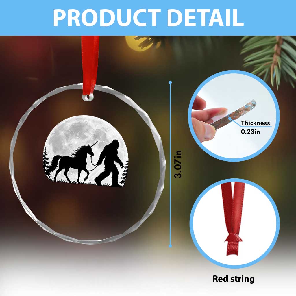 Bigfoot Walking Unicorn Crystal Glass Ornament Full Moon Sasquatch Fantasy Forest Silhouette