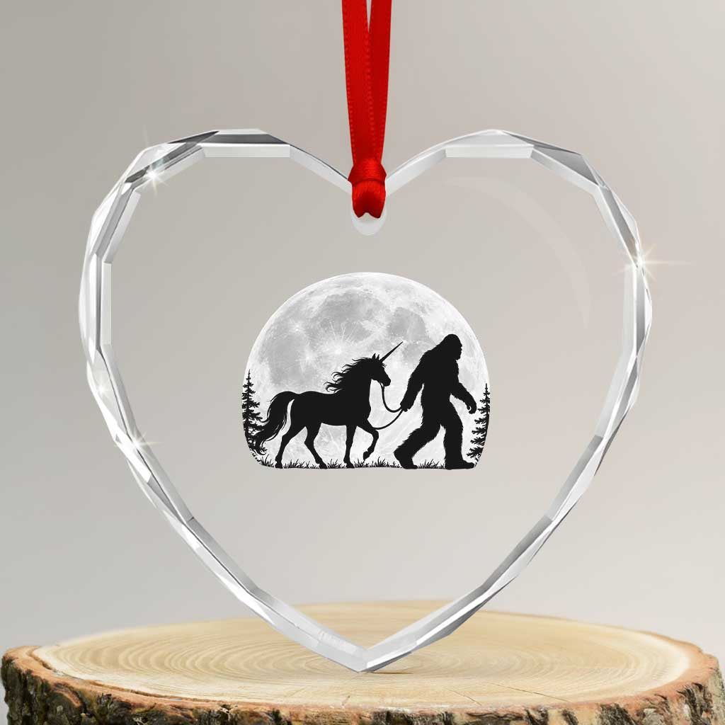 Bigfoot Walking Unicorn Heart Crystal Glass Ornament Full Moon Sasquatch Fantasy Forest Silhouette