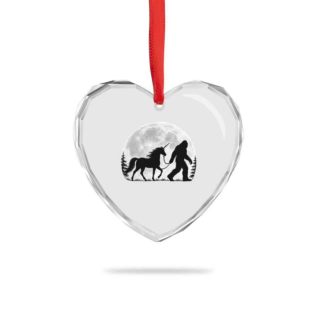Bigfoot Walking Unicorn Heart Crystal Glass Ornament Full Moon Sasquatch Fantasy Forest Silhouette