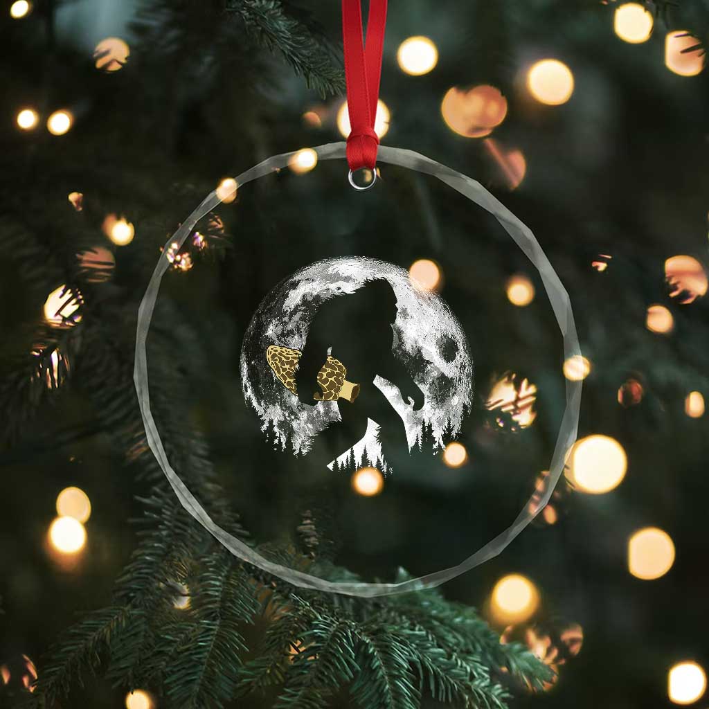 Bigfoot with Morel Mushroom Crystal Glass Ornament Sasquatch Fungi Full Moon Silhouette Graphic