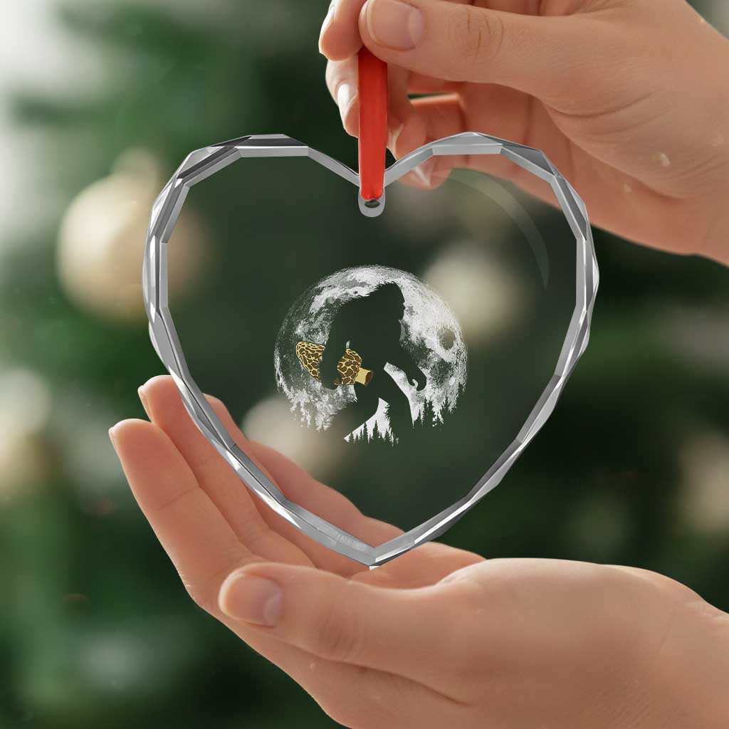 Bigfoot with Morel Mushroom Heart Crystal Glass Ornament Sasquatch Fungi Full Moon Silhouette Graphic