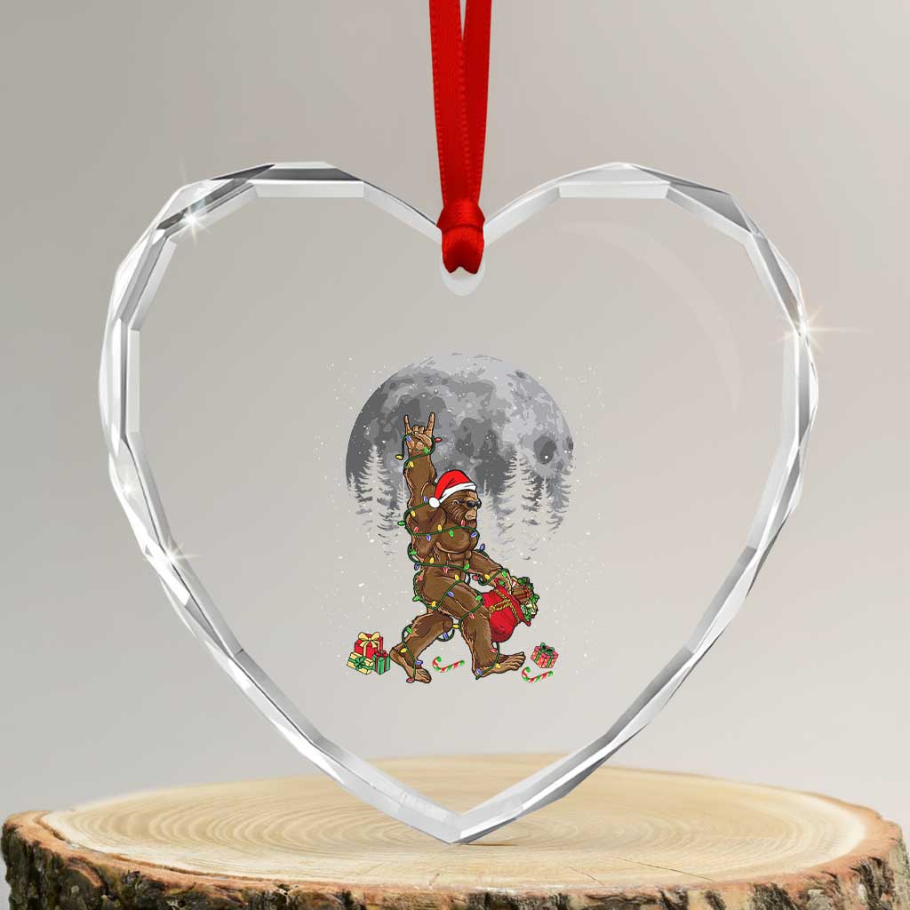 Bigfoot Xmas Tree Lights Heart Crystal Glass Ornament Believe Bigfoot Santa Hat Sasquatch Loves Rock On - Wonder Print Shop