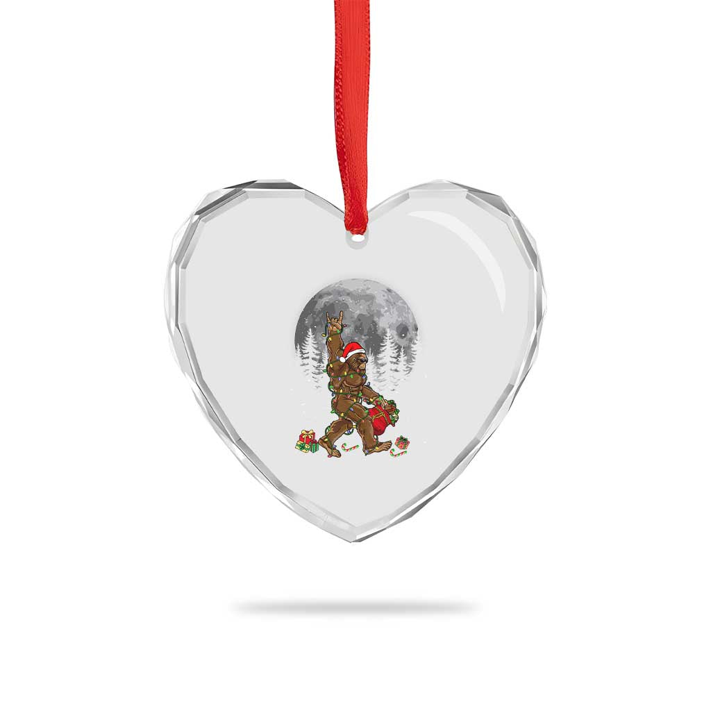Bigfoot Xmas Tree Lights Heart Crystal Glass Ornament Believe Bigfoot Santa Hat Sasquatch Loves Rock On - Wonder Print Shop